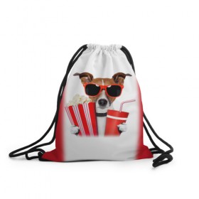 Рюкзак-мешок 3D с принтом собака-киноман в Белгороде, 100% полиэстер | плотность ткани — 200 г/м2, размер — 35 х 45 см; лямки — толстые шнурки, застежка на шнуровке, без карманов и подкладки | кино | отдых | очки | попкорн | собака | телефон | терьер