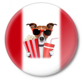 Значок с принтом собака-киноман в Белгороде,  металл | круглая форма, металлическая застежка в виде булавки | кино | отдых | очки | попкорн | собака | телефон | терьер