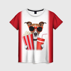 Женская футболка 3D с принтом собака-киноман в Белгороде, 100% полиэфир ( синтетическое хлопкоподобное полотно) | прямой крой, круглый вырез горловины, длина до линии бедер | Тематика изображения на принте: кино | отдых | очки | попкорн | собака | телефон | терьер
