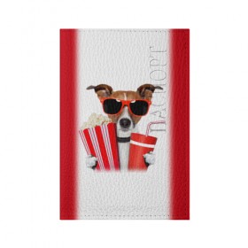 Обложка для паспорта матовая кожа с принтом собака-киноман в Белгороде, натуральная матовая кожа | размер 19,3 х 13,7 см; прозрачные пластиковые крепления | Тематика изображения на принте: кино | отдых | очки | попкорн | собака | телефон | терьер