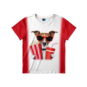 Детская футболка 3D с принтом собака-киноман в Белгороде, 100% гипоаллергенный полиэфир | прямой крой, круглый вырез горловины, длина до линии бедер, чуть спущенное плечо, ткань немного тянется | кино | отдых | очки | попкорн | собака | телефон | терьер