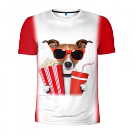 Мужская футболка 3D спортивная с принтом собака-киноман в Белгороде, 100% полиэстер с улучшенными характеристиками | приталенный силуэт, круглая горловина, широкие плечи, сужается к линии бедра | Тематика изображения на принте: кино | отдых | очки | попкорн | собака | телефон | терьер