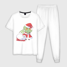 Мужская пижама хлопок с принтом Ктулху в Белгороде, 100% хлопок | брюки и футболка прямого кроя, без карманов, на брюках мягкая резинка на поясе и по низу штанин
 | chibi | padoru | ктулху | монстр | новый год | рождество | сthulhu | чиби