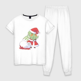 Женская пижама хлопок с принтом Ктулху в Белгороде, 100% хлопок | брюки и футболка прямого кроя, без карманов, на брюках мягкая резинка на поясе и по низу штанин | chibi | padoru | ктулху | монстр | новый год | рождество | сthulhu | чиби