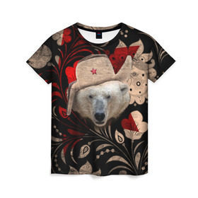 Женская футболка 3D с принтом Медведь в ушанке в Белгороде, 100% полиэфир ( синтетическое хлопкоподобное полотно) | прямой крой, круглый вырез горловины, длина до линии бедер | звезда | мишка | патриот | роспись | русский | русь | сибирь | ссср | хохлома | шапка