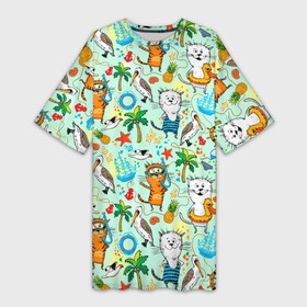 Платье-футболка 3D с принтом Коты на отдыхе в Белгороде,  |  | Тематика изображения на принте: ананас | веселая | гавайская | голубая | для отпуска | жара | корабль | кот | котики | купальник | лето | море | морская | мотивы | отдыхающим | отпуск | пальмы | пейзаж | пеликан | пляж | солнце