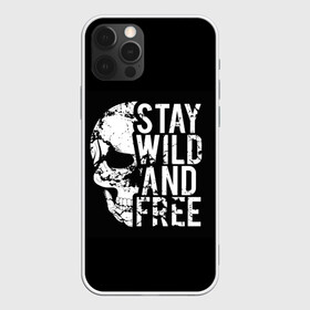 Чехол для iPhone 12 Pro с принтом Stay wild and free в Белгороде, силикон | область печати: задняя сторона чехла, без боковых панелей | Тематика изображения на принте: background | black | day of the dead | death | drawing | f | free | halloween | inscription | skeleton | skull | stay | symbol | text | wild | день мертвых | дикий | надпись | оставайся | рисунок | свободный | символ | скелет | текст | фон | хэлл