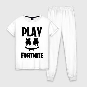 Женская пижама хлопок с принтом FORTNITE x MARSHMELLO в Белгороде, 100% хлопок | брюки и футболка прямого кроя, без карманов, на брюках мягкая резинка на поясе и по низу штанин | 2019 | armor | armour | cybersport | esport | fortnite | game | llama | logo | броня | игра | киберспорт | лама | фиолетовый | фирменные цвета | фортнайт