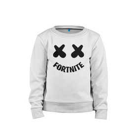 Детский свитшот хлопок с принтом FORTNITE x MARSHMELLO в Белгороде, 100% хлопок | круглый вырез горловины, эластичные манжеты, пояс и воротник | 2019 | armor | armour | cybersport | esport | fortnite | game | llama | logo | броня | игра | киберспорт | лама | фиолетовый | фирменные цвета | фортнайт