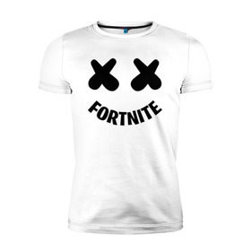 Мужская футболка премиум с принтом FORTNITE x MARSHMELLO в Белгороде, 92% хлопок, 8% лайкра | приталенный силуэт, круглый вырез ворота, длина до линии бедра, короткий рукав | Тематика изображения на принте: 2019 | armor | armour | cybersport | esport | fortnite | game | llama | logo | броня | игра | киберспорт | лама | фиолетовый | фирменные цвета | фортнайт