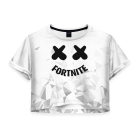 Женская футболка 3D укороченная с принтом FORTNITE x MARSHMELLO в Белгороде, 100% полиэстер | круглая горловина, длина футболки до линии талии, рукава с отворотами | 2019 | armor | armour | cybersport | esport | fortnite | game | llama | logo | броня | игра | киберспорт | лама | фиолетовый | фирменные цвета | фортнайт