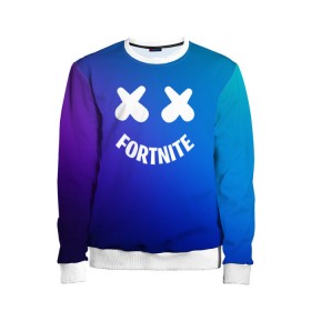 Детский свитшот 3D с принтом FORTNITE x MARSHMELLO в Белгороде, 100% полиэстер | свободная посадка, прямой крой, мягкая тканевая резинка на рукавах и понизу свитшота | 2019 | armor | armour | cybersport | esport | fortnite | game | llama | logo | броня | игра | киберспорт | лама | фиолетовый | фирменные цвета | фортнайт