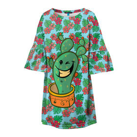 Детское платье 3D с принтом Веселый кактус в Белгороде, 100% полиэстер | прямой силуэт, чуть расширенный к низу. Круглая горловина, на рукавах — воланы | веселый кактус | зеленый | иголки | кактусы | колючий | летний | лето | настроение | прикольный | радостный | счастье | цветок | цветы | эмоции