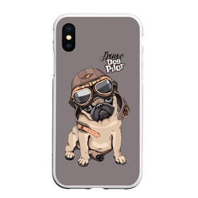 Чехол для iPhone XS Max матовый с принтом Brave dog pilot в Белгороде, Силикон | Область печати: задняя сторона чехла, без боковых панелей | animal | beautiful | brave | childish | cute | dog | emblem | helmet | homemade | kid | pilot | pug | белый | детский | домашнее | животное | красивый | лётчик | малыш | милый | мопс | надпись | очки | пилот | рисунок | собака | текст | фон | хр