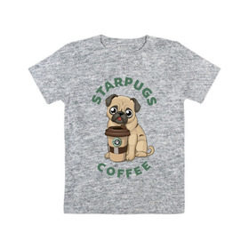 Детская футболка хлопок с принтом Мопс с Кофе (Пародия) в Белгороде, 100% хлопок | круглый вырез горловины, полуприлегающий силуэт, длина до линии бедер | Тематика изображения на принте: coffee | pug | кофе | мопс | собака | собаки