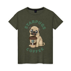 Женская футболка хлопок с принтом Мопс с Кофе (Пародия) в Белгороде, 100% хлопок | прямой крой, круглый вырез горловины, длина до линии бедер, слегка спущенное плечо | coffee | pug | кофе | мопс | собака | собаки