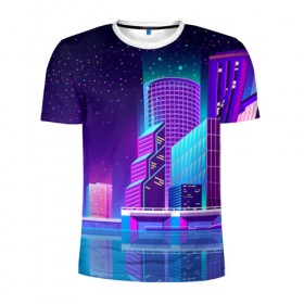 Мужская футболка 3D спортивная с принтом Neon Nights в Белгороде, 100% полиэстер с улучшенными характеристиками | приталенный силуэт, круглая горловина, широкие плечи, сужается к линии бедра | Тематика изображения на принте: city | neon синтвейв | retrowave | synthwave | горо | неон | ночь | ретровейв