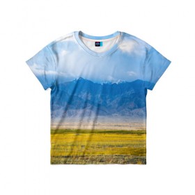Детская футболка 3D с принтом Красочная долина в Белгороде, 100% гипоаллергенный полиэфир | прямой крой, круглый вырез горловины, длина до линии бедер, чуть спущенное плечо, ткань немного тянется | горы | долина | небо | поле | природа