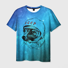 Мужская футболка 3D с принтом Собака космонавт в Белгороде, 100% полиэфир | прямой крой, круглый вырез горловины, длина до линии бедер | Тематика изображения на принте: space | белка | галактика | животные | звёзды | космос | лайка | небо | полёт | скафандр | собаки | ссср | стрелка