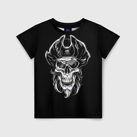 Детская футболка 3D с принтом Пиратский череп в Белгороде, 100% гипоаллергенный полиэфир | прямой крой, круглый вырез горловины, длина до линии бедер, чуть спущенное плечо, ткань немного тянется | Тематика изображения на принте: dead | demon | devil | executioner | metal | pirat | punisher | rap | rock | satan | sea | skull | swag | каратель | метал | море | океан | палач | пират | рок | скелет | череп