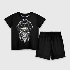 Детский костюм с шортами 3D с принтом Пиратский череп в Белгороде,  |  | Тематика изображения на принте: dead | demon | devil | executioner | metal | pirat | punisher | rap | rock | satan | sea | skull | swag | каратель | метал | море | океан | палач | пират | рок | скелет | череп