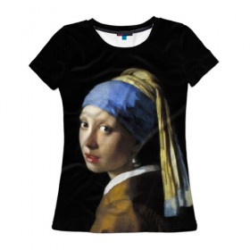 Женская футболка 3D с принтом Девушка с серьгой в Белгороде, 100% полиэфир ( синтетическое хлопкоподобное полотно) | прямой крой, круглый вырез горловины, длина до линии бедер | big | арт | крупные арты | крупные принты | сумасшедшие арты