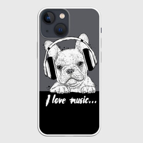 Чехол для iPhone 13 mini с принтом I love music… в Белгороде,  |  | animal | black | breed | dog | drawing | fon | graphics | gray | head | headphones | i | inscription | look | love | music | muzzle | text | взгляд | голова | графика | животное | люблю | музыка | надпись | наушники | порода | рисунок | серый | со