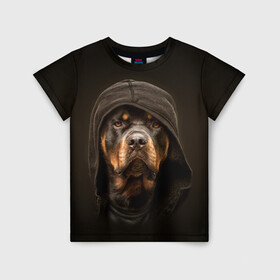 Детская футболка 3D с принтом Ротвейлер в капюшоне  в Белгороде, 100% гипоаллергенный полиэфир | прямой крой, круглый вырез горловины, длина до линии бедер, чуть спущенное плечо, ткань немного тянется | rottweiler | капюшон | молоссы | пастух | пёс | собака | щенок