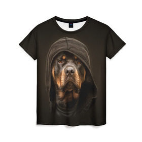 Женская футболка 3D с принтом Ротвейлер в капюшоне в Белгороде, 100% полиэфир ( синтетическое хлопкоподобное полотно) | прямой крой, круглый вырез горловины, длина до линии бедер | rottweiler | капюшон | молоссы | пастух | пёс | собака | щенок