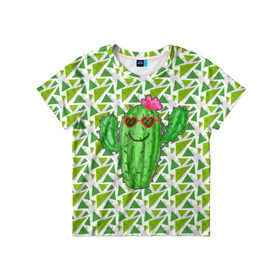Детская футболка 3D с принтом Позитивный кактус в Белгороде, 100% гипоаллергенный полиэфир | прямой крой, круглый вырез горловины, длина до линии бедер, чуть спущенное плечо, ткань немного тянется | Тематика изображения на принте: веселый кактус | зеленый | иголки | кактусы | колючий | летний | лето | настроение | прикольный | радостный | счастье | цветок | цветы | эмоции