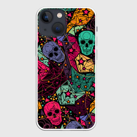 Чехол для iPhone 13 mini с принтом Черепа в Белгороде,  |  | death | fear | hallowee | horror | multicolored | sign | skulls | symbol | абстракция | геометрический | графика | звёзды | знак | линии | орнамент | праздник | разноцветные | рисунок | символ | треугольники | ужас | узор | узоры