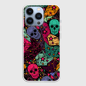 Чехол для iPhone 13 Pro с принтом Черепа в Белгороде,  |  | death | fear | hallowee | horror | multicolored | sign | skulls | symbol | абстракция | геометрический | графика | звёзды | знак | линии | орнамент | праздник | разноцветные | рисунок | символ | треугольники | ужас | узор | узоры