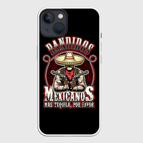 Чехол для iPhone 13 с принтом Bandidos в Белгороде,  |  | cartridges | drawing | graphic | hat | mexican | mexico | ornament | patterns | revolvers | rope | tape | tequila | thug | weapon | бандит | верёвка | графика | лента | мексика | мексиканский | орнамент | оружие | патроны | револьверы | рисунок | текила |