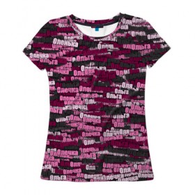 Женская футболка 3D с принтом Именной камуфляж. Ольга в Белгороде, 100% полиэфир ( синтетическое хлопкоподобное полотно) | прямой крой, круглый вырез горловины, длина до линии бедер | имя | милитари | оленька | олечка | ольга | оля | паттрен | розовый