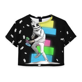 Женская футболка 3D укороченная с принтом Marshmello в Белгороде, 100% полиэстер | круглая горловина, длина футболки до линии талии, рукава с отворотами | dj | electro | electronic | marshmello | mask | music | зефир | маршмелоу | музыка