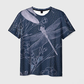 Мужская футболка 3D с принтом Стрекоза в Белгороде, 100% полиэфир | прямой крой, круглый вырез горловины, длина до линии бедер | botanical | floral | flower | pattern | spring | весна | орнамент | растение | растения | растительный | стрекоза | узор