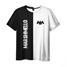 Мужская футболка 3D с принтом Marshmello в Белгороде, 100% полиэфир | прямой крой, круглый вырез горловины, длина до линии бедер | black and white | christopher comstock | dj | marshmello | music | диджей | клубная музыка | клубняк | крис комсток | логотип | маршмэллоу | музыка | черно белый