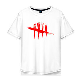 Мужская футболка хлопок Oversize с принтом DEAD BY DAYLIGHT в Белгороде, 100% хлопок | свободный крой, круглый ворот, “спинка” длиннее передней части | blood | dead by daylight | game | horror | logo | red | игра | кости | кровь | лого | ужасы | хоррор | череп