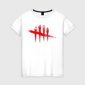 Женская футболка хлопок с принтом DEAD BY DAYLIGHT в Белгороде, 100% хлопок | прямой крой, круглый вырез горловины, длина до линии бедер, слегка спущенное плечо | blood | dead by daylight | game | horror | logo | red | игра | кости | кровь | лого | ужасы | хоррор | череп