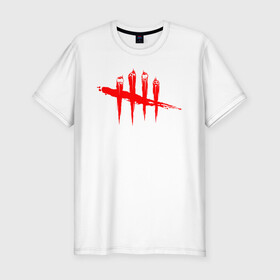Мужская футболка хлопок Slim с принтом DEAD BY DAYLIGHT в Белгороде, 92% хлопок, 8% лайкра | приталенный силуэт, круглый вырез ворота, длина до линии бедра, короткий рукав | blood | dead by daylight | game | horror | logo | red | игра | кости | кровь | лого | ужасы | хоррор | череп