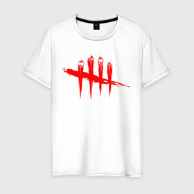Мужская футболка хлопок с принтом DEAD BY DAYLIGHT в Белгороде, 100% хлопок | прямой крой, круглый вырез горловины, длина до линии бедер, слегка спущенное плечо. | blood | dead by daylight | game | horror | logo | red | игра | кости | кровь | лого | ужасы | хоррор | череп