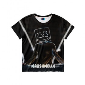 Детская футболка 3D с принтом Marshmello в Белгороде, 100% гипоаллергенный полиэфир | прямой крой, круглый вырез горловины, длина до линии бедер, чуть спущенное плечо, ткань немного тянется | marshmello | диджей | клуб | клубная музыка | маршмеллоу | маршмэлло | маршмэллоу | музыка | электронная