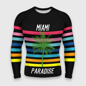 Мужской рашгард 3D с принтом Miami Paradise в Белгороде,  |  | america | city | colorful | drawing | grap | miami | palm tree | paradise | recreation | resort | stripes | tree | usa | world | америка | город | графика | дерево | курорт | майами | мировой | надпись | отдых | пальма | полосы | разноцветные | рай | рису