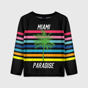 Детский лонгслив 3D с принтом Miami Paradise в Белгороде, 100% полиэстер | длинные рукава, круглый вырез горловины, полуприлегающий силуэт
 | america | city | colorful | drawing | grap | miami | palm tree | paradise | recreation | resort | stripes | tree | usa | world | америка | город | графика | дерево | курорт | майами | мировой | надпись | отдых | пальма | полосы | разноцветные | рай | рису