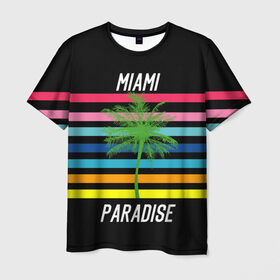 Мужская футболка 3D с принтом Miami Paradise в Белгороде, 100% полиэфир | прямой крой, круглый вырез горловины, длина до линии бедер | america | city | colorful | drawing | grap | miami | palm tree | paradise | recreation | resort | stripes | tree | usa | world | америка | город | графика | дерево | курорт | майами | мировой | надпись | отдых | пальма | полосы | разноцветные | рай | рису