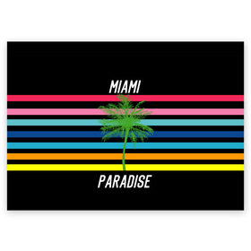 Поздравительная открытка с принтом Miami Paradise в Белгороде, 100% бумага | плотность бумаги 280 г/м2, матовая, на обратной стороне линовка и место для марки
 | Тематика изображения на принте: america | city | colorful | drawing | grap | miami | palm tree | paradise | recreation | resort | stripes | tree | usa | world | америка | город | графика | дерево | курорт | майами | мировой | надпись | отдых | пальма | полосы | разноцветные | рай | рису