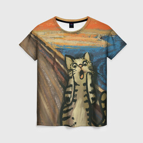 Женская футболка 3D с принтом Крик котика в Белгороде, 100% полиэфир ( синтетическое хлопкоподобное полотно) | прямой крой, круглый вырез горловины, длина до линии бедер | cat | картина | кот | котик | котики | коты | котэ | кошак | крик | мем | приколы