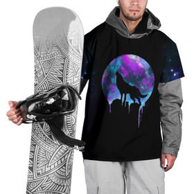 Накидка на куртку 3D с принтом волк на фоне луны в Белгороде, 100% полиэстер |  | wolf | волк | галактика | звезды | кайот | космос | луна | млечный путь | ночь | собака
