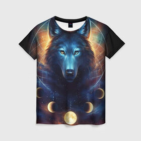 Женская футболка 3D с принтом волк в Белгороде, 100% полиэфир ( синтетическое хлопкоподобное полотно) | прямой крой, круглый вырез горловины, длина до линии бедер | wolf | волк | галактика | звезды | койот | космос | луна | ночь | собака