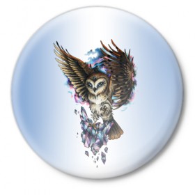 Значок с принтом сова в Белгороде,  металл | круглая форма, металлическая застежка в виде булавки | owl | кристаллы | ночь | птица | сова | филин